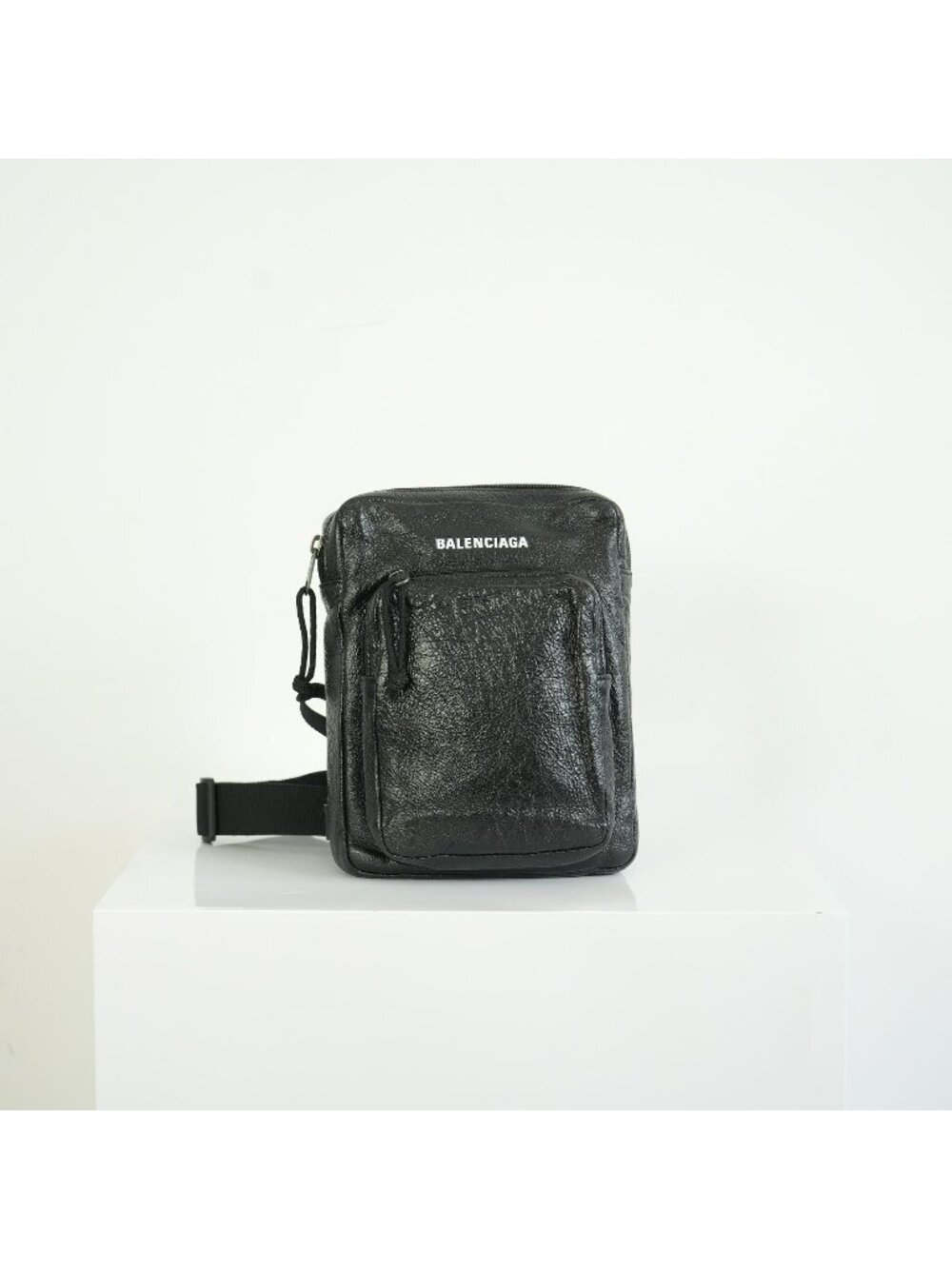 Balenciaga Black Crinkled Leather Crossbody Messenger Bag Explorer Pouch